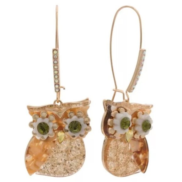 Betsey Johnson Gold Glitter Green Eye Owl Pendant Pave Detail Necklace Set-2 PC - Picture 4 of 5